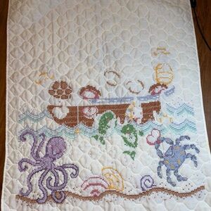 Vintage Handmade  Quilted Sea Life Crib Quilt Baby Blanket Cross Stitch